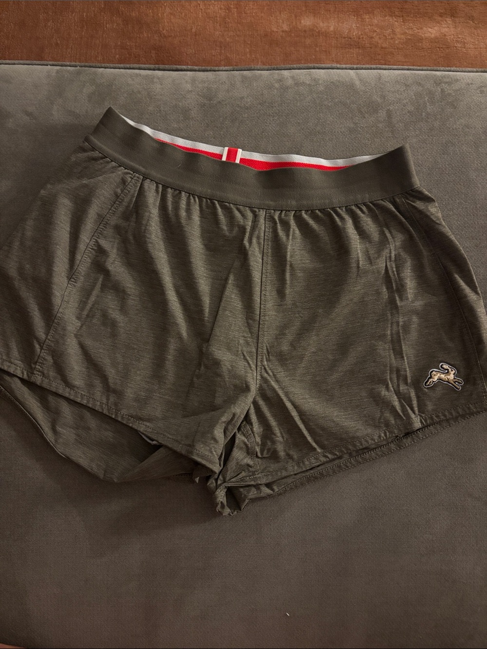 Tracksmith Olive Athletic Shorts with Red-Trim Waistband